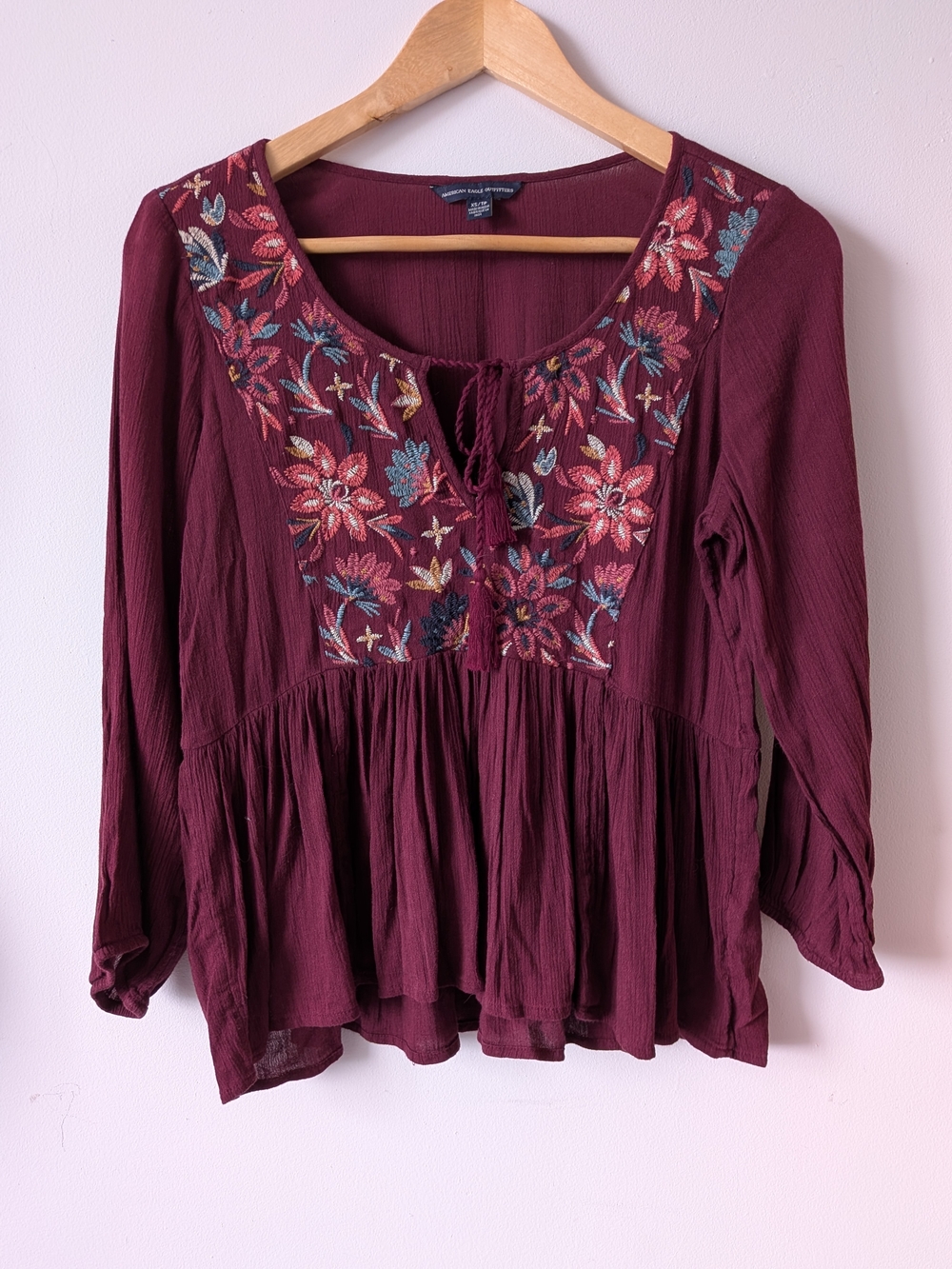 Boho Embroidered Peasant Top - Burgundy